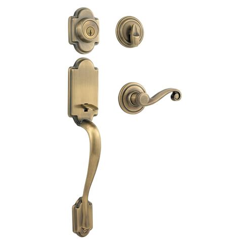 kwikset arlington single cylinder antique brass handleset  lido lever featuring smartkey