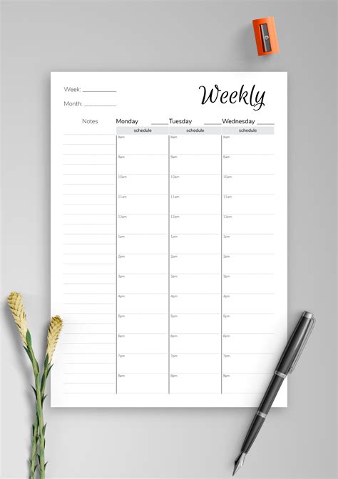 printable weekly hourly planner  notes section