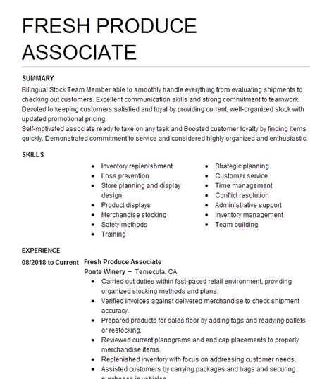 Fresh Produce Associate Resume Example Walmart Cleveland Ohio