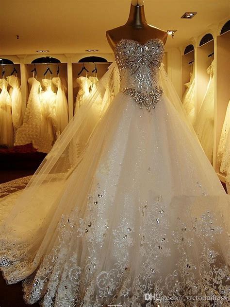 luxurious crystal diamond bling wedding dresses sparkling long tailing