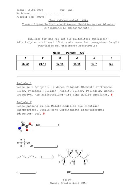 chemie klassenarbeit alkane molekuelmodelle datum  vor und