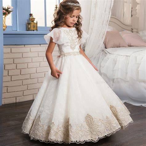 Fancy Flower Girl Dress Gold Appliques Formal Christmas Ball Gowns