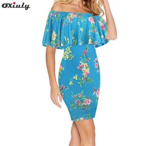 Oxiuly Fitted Dress Black Blue Flower Print Sexy Women Summer Dresses
