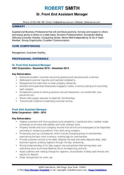 Front End Assistant Manager Resume Samples Qwikresume