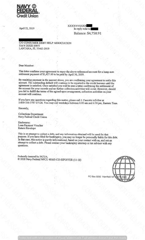 settlement letter  navy federal credit union consumer debt  association