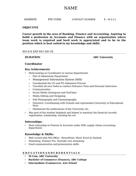 resume templates  accounting finance freshers
