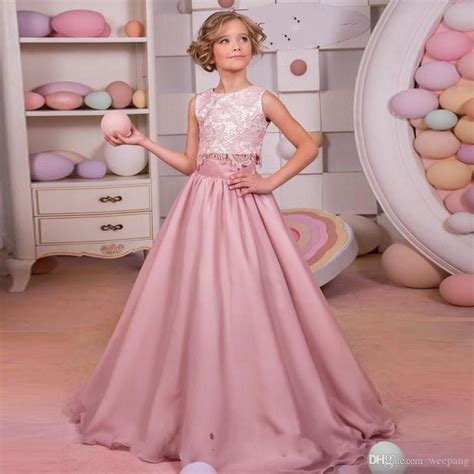 2017 sweet dusty pink lace flower girls dress for weddings two pieces