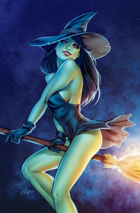 Green Skinned Witch Riding Broom Hot Witch Artwork