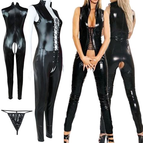 women s sex fancy suit costume latex leather catsuit open crotch zipper