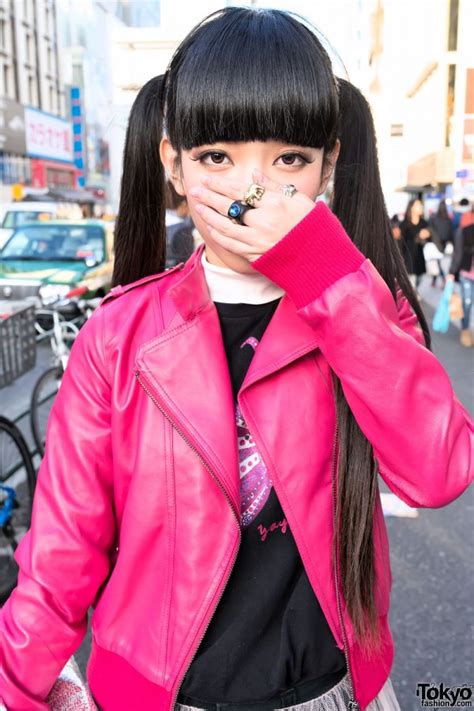 pink leather jacket twin tails sheer skirt and tokyo bopper in harajuku