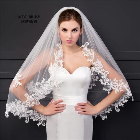 Elbow Length Veil In Stock 2018 Two Layers Appliques Lace Soft Tulle