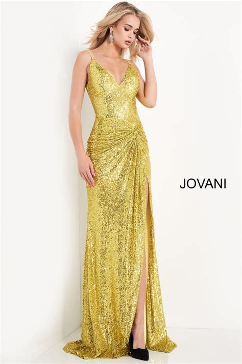 jovani  yellow ruched sequin long prom dress