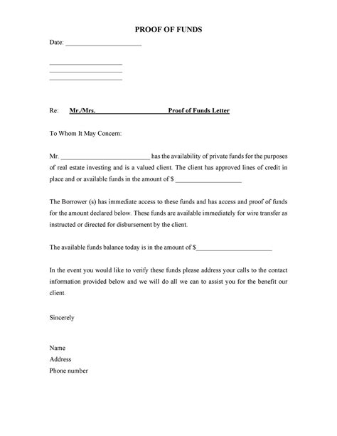 proof  funds letter template payment proof