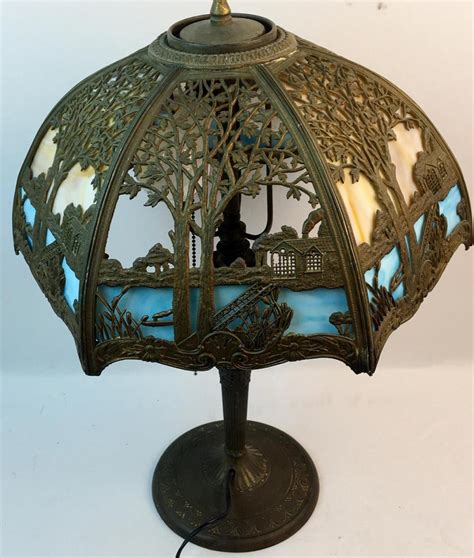 lot antique c 1915 miller lamp co blue and brown slag stained glass