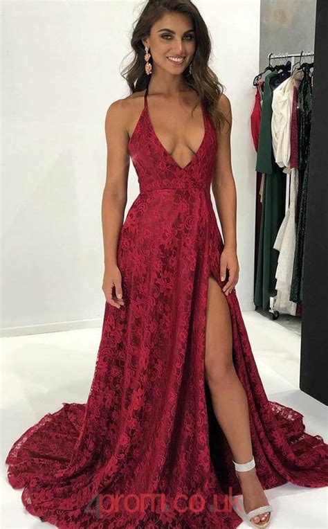 burgundy lace halter v neck a line long sex prom dress