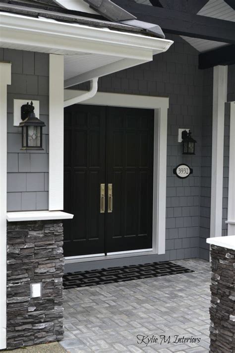 exterior  home  chelsea gray painted shakes black painted double front door  white