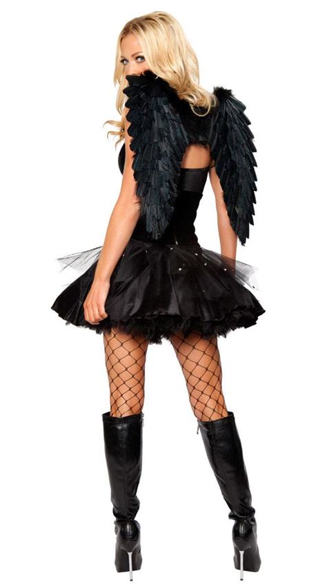 sexy dark angel costume with feather wings halloween