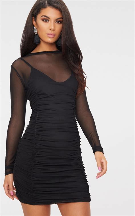 black mesh ruched long sleeve high neck bodycon dress