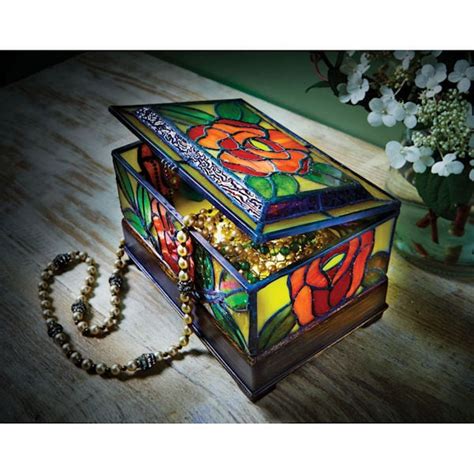 Stained Glass Roses Light Up Jewelry Box Acorn Xb4192