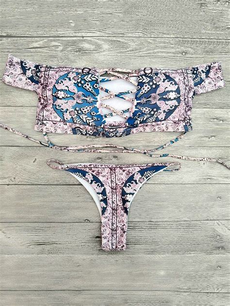 shoulder rose print lace  bikini set rosegal