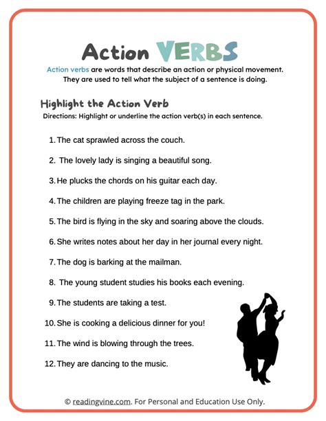action verbs worksheets definition examples readingvine
