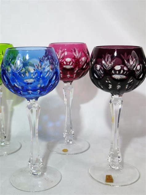 Nachtmann 6 Diamond Cut Colored Wine Glasses Crystal