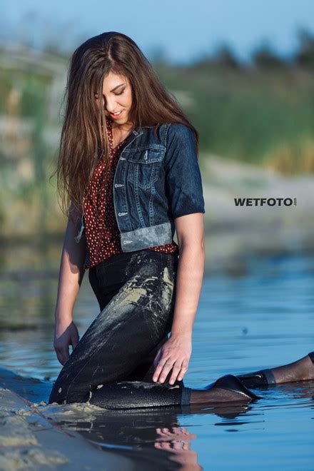 Swimming By Beautiful Girl In Soaking Wet Denim Jacket Skinny Jeans