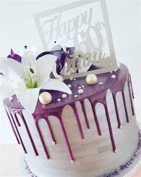 A Beautiful Silver And Purple Drip 60th Birthday Cake With