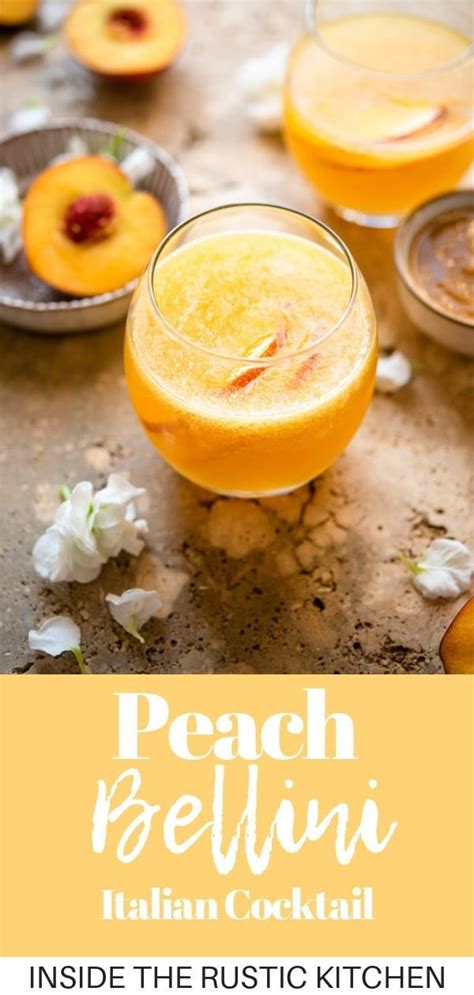 a classic peach bellini cocktail made with fresh peach puree and bubbly