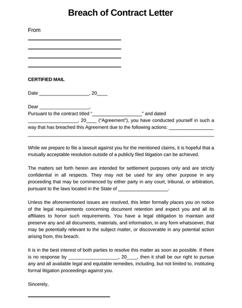 printable breach  contract template breach  contract demand letter
