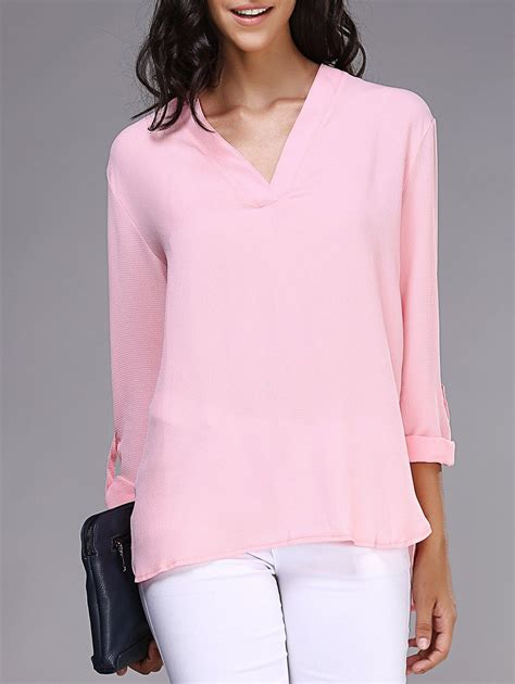 [41 Off] 2021 Stylish V Neck Long Sleeve Loose Pink Chiffon Blouse For