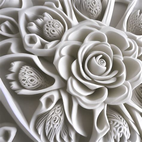 realistic multiple individual flowers  stems  carved relief