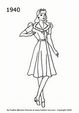 1940 Fashion Drawing Dress 1940s Silhouettes Silhouette Woman Drawings 1950 Dresses 1950s History 40s Colouring Costume Timeline Pages Coloring Line sketch template