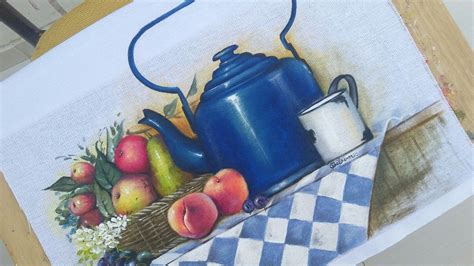 chaleira azul pano de prato pintado arte em tecido