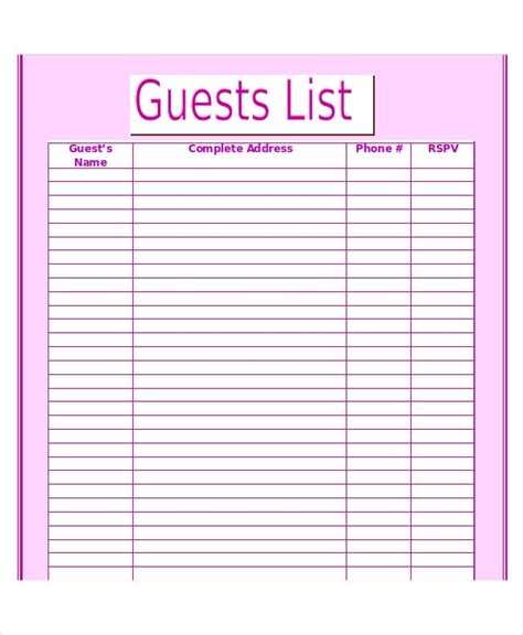 wedding guest list template   word excel  documents