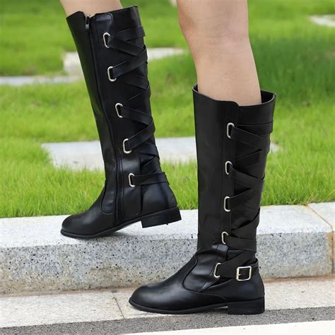 black color pu leather women boots shoes woman long style knee high