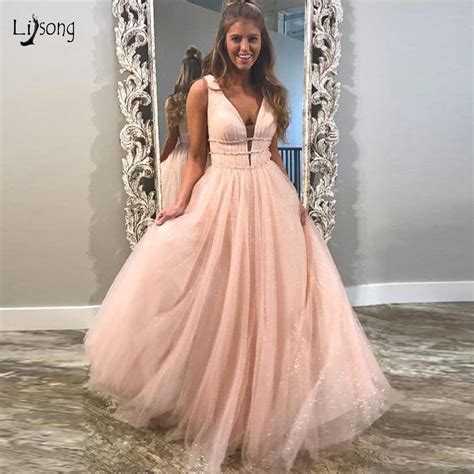 Chic Blush Pink Shiny Tulle Prom Dresses Sexy Backless Deep V Neck A