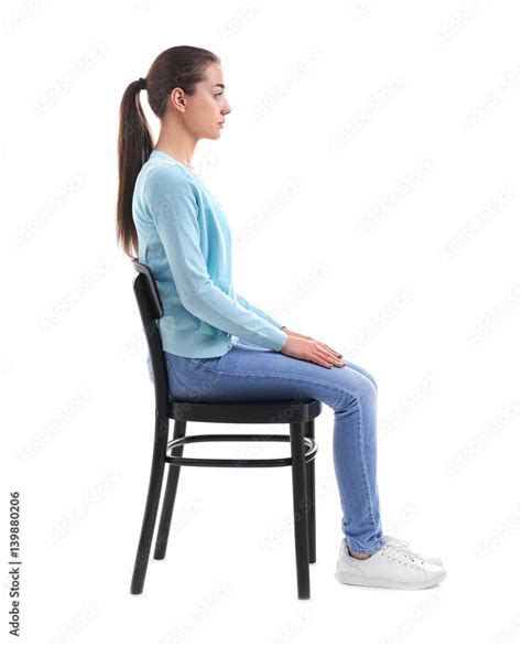 posture concept young woman sitting  chair  white background