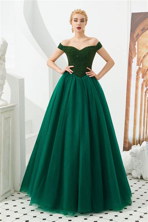 emerald green ball gown prom evening dress    shoulder