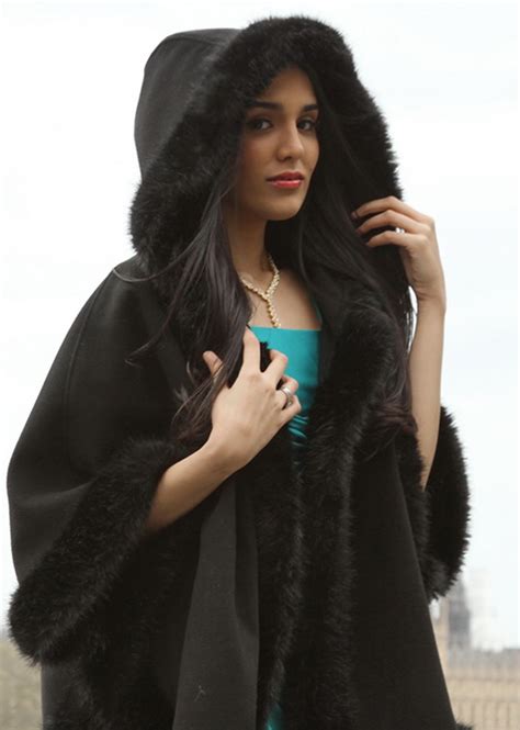 high fashion hooded cape  luxury fake fur trim fake fur fashion