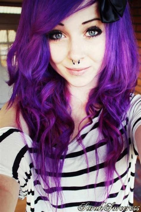 gorgeous purple dyed long hair pale skin retro make up and septum piercing