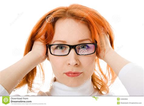 a beautiful girl with red hair wearing glasses stock images image