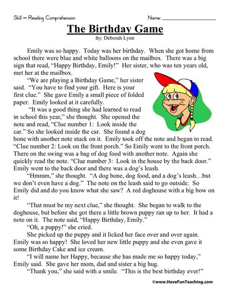 Reading Comprehension Worksheet The Birthday Game