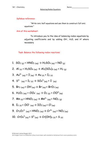 chemistry balancing redox equations worksheet  answers