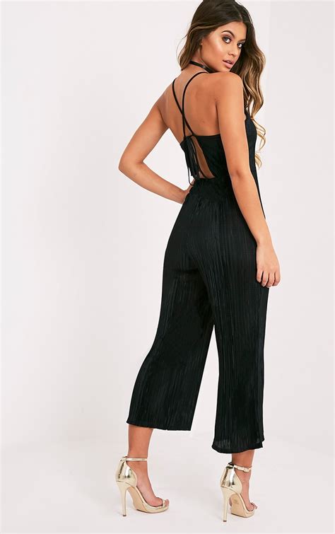 lissy black pleated strappy tie back jumpsuit prettylittlething