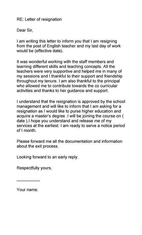 teacher resignation letter template  hq printable documents