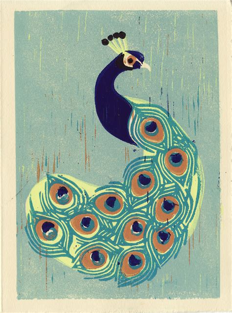 Indian Peacock Hand Pulled Linocut Illustration Art Print