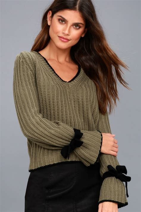 cute olive green  neck sweater bell sleeve sweater lulus