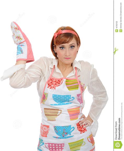 Beautiful Cooking Woman In Apron And Kitchen Glove Stock