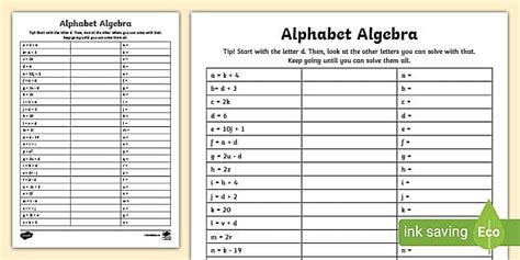 basic algebra worksheets algebra alphabet primary resource